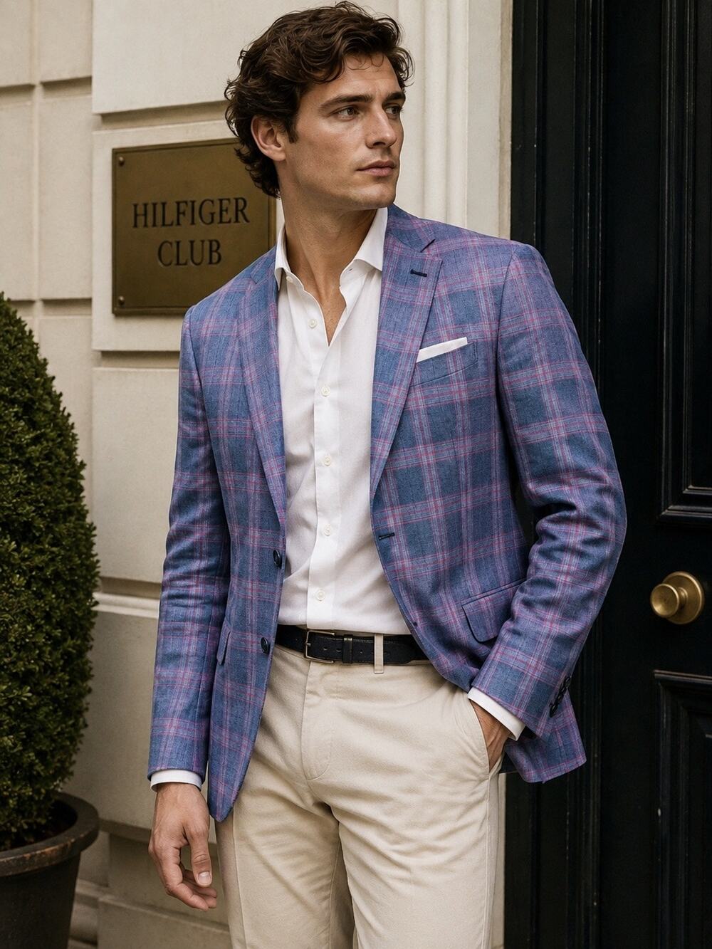 Tommy Hilfiger Heritage Blue Plaid Double Button Mens Linen Blazer Size 46R